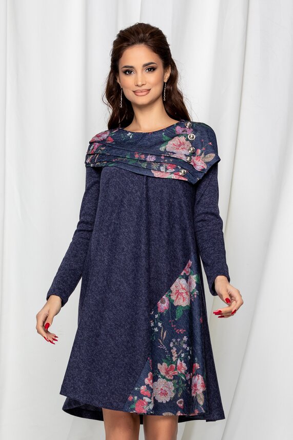 Rochie bleumarin de zi cu imprimeuri florale     MBG