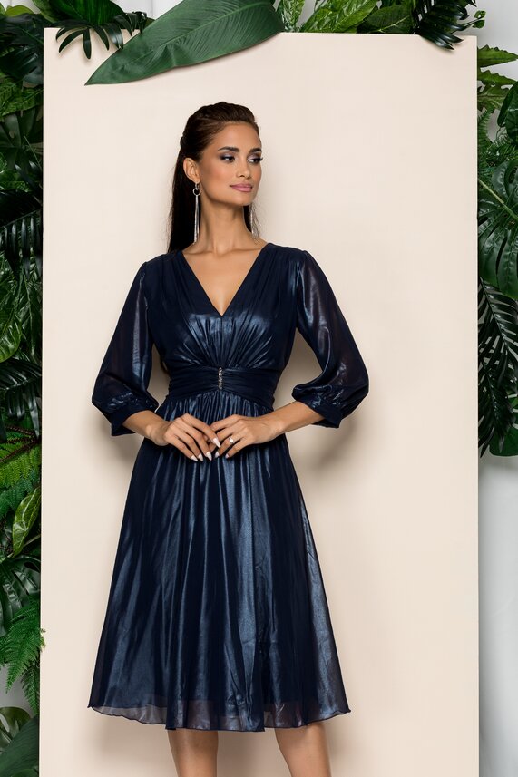 Rochie in clos de seara bleumarin eleganta cu decolteu in V si maneci lungi   Ginette