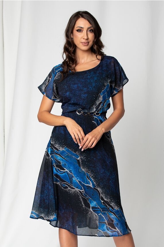 Rochie bleumarin eleganta cu decolteu rotund si decupaj cu maneci lungi   Klera