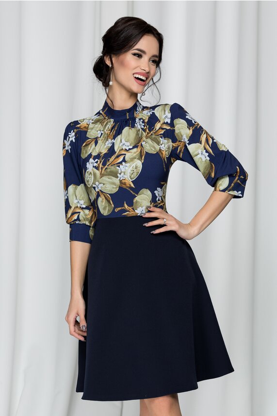 Rochie bleumarin in clos cu imprimeu floral     Georgiana