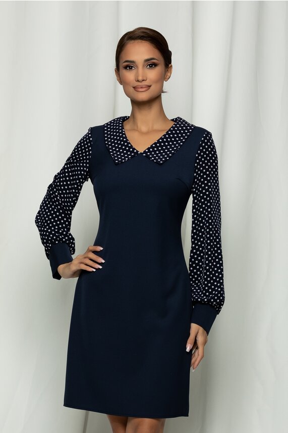 Rochie bleumarin office cu decolteu in V adanc si imprimeu    Ella Collection Tania