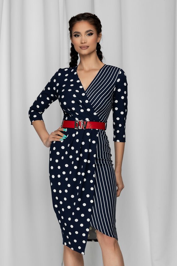 Rochie bleumarin office cu imprimeu si dungi cu buline   Sabry