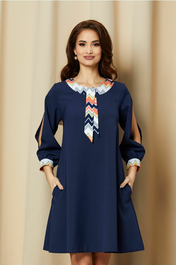 Rochie bleumarin office cu maneci decupate     Ella Collection Adela