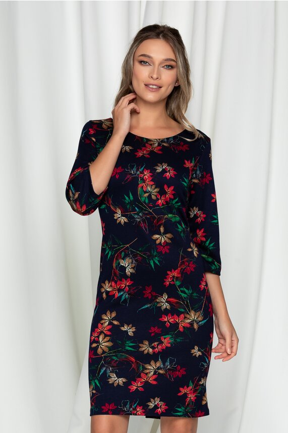 Rochie bleumarin office midi cu accente florale si decolteu rotund Ina