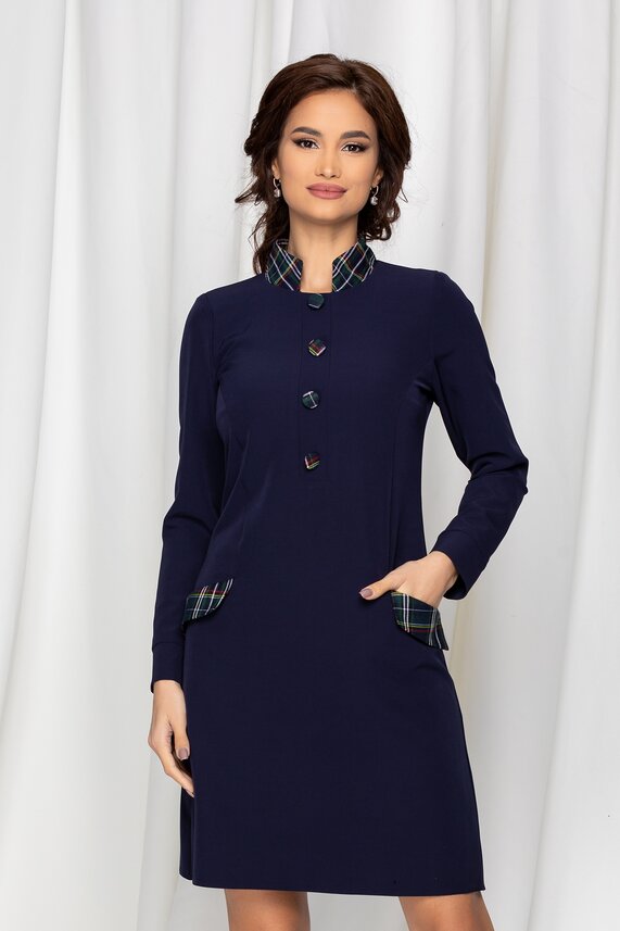 Rochie bleumarin office midi cu maneci lungi si buzunare laterale Moze