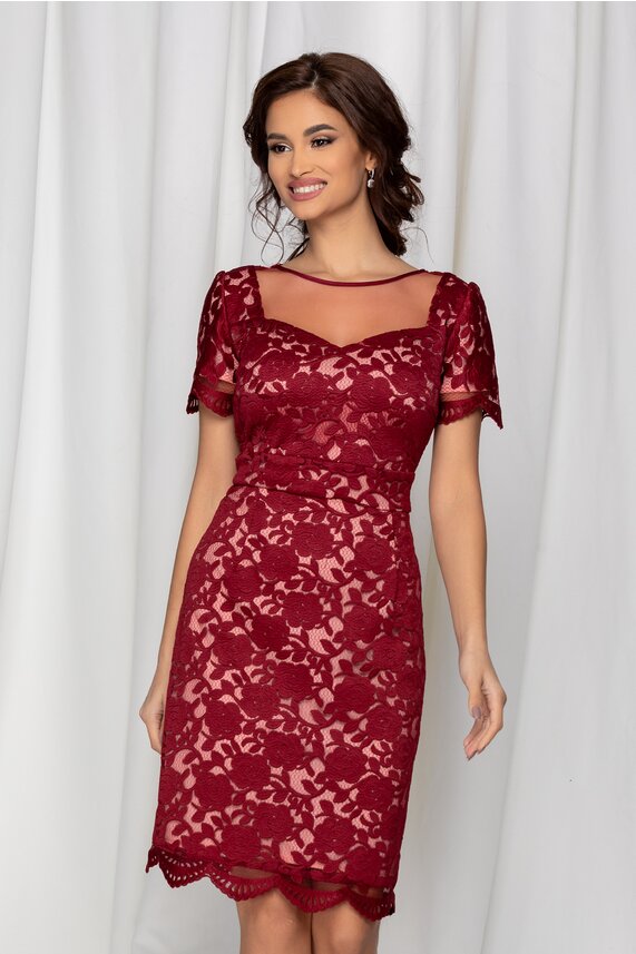 Rochie bordo cu decolteu in forma de inima accesorizata din tull cu broderie   Ella Collection Dalia