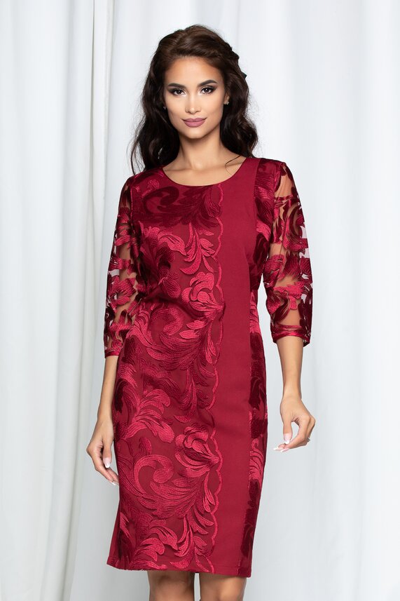 Rochie de soacra bordo de ocazie din dantela diafana cu croi cambrat Amanda