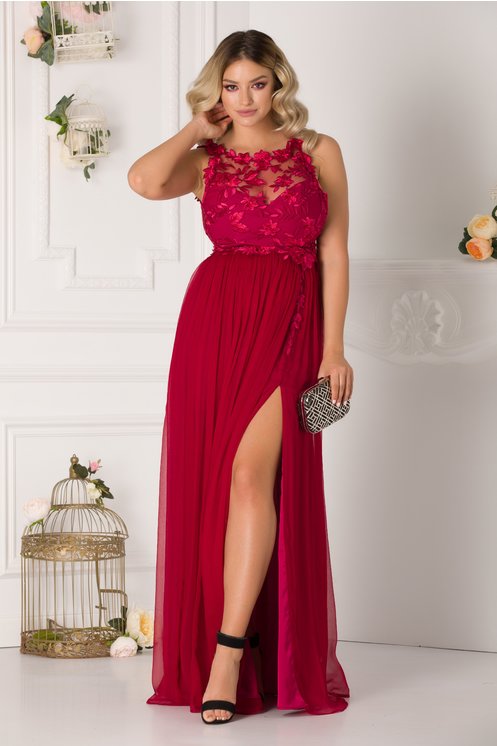 Rochie bordo din matase din dantela si pliuri    Leonard Collection