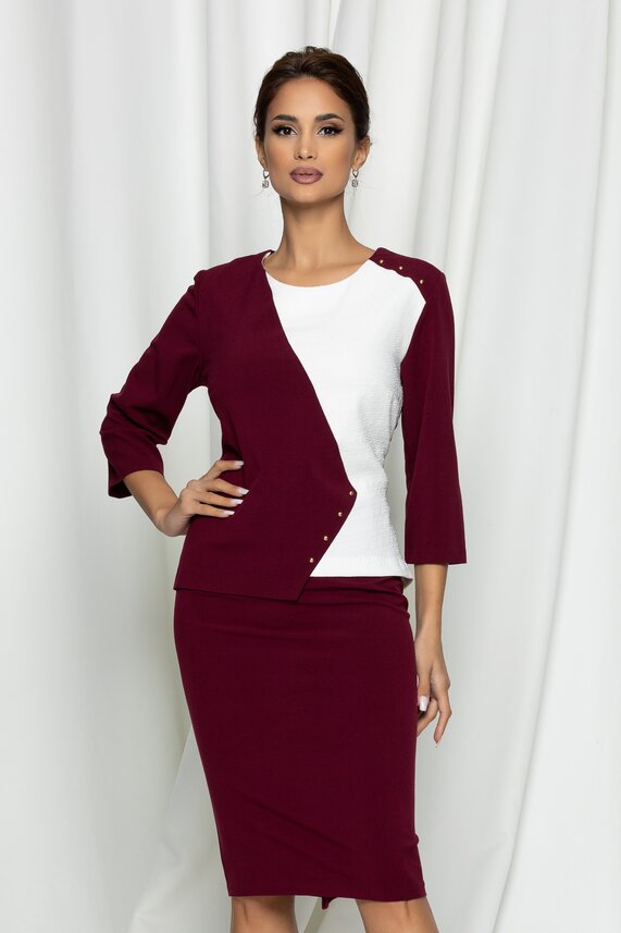 Rochie cu maneci trei sferturi bordo eleganta cambrata si decolteu rotund  Misha