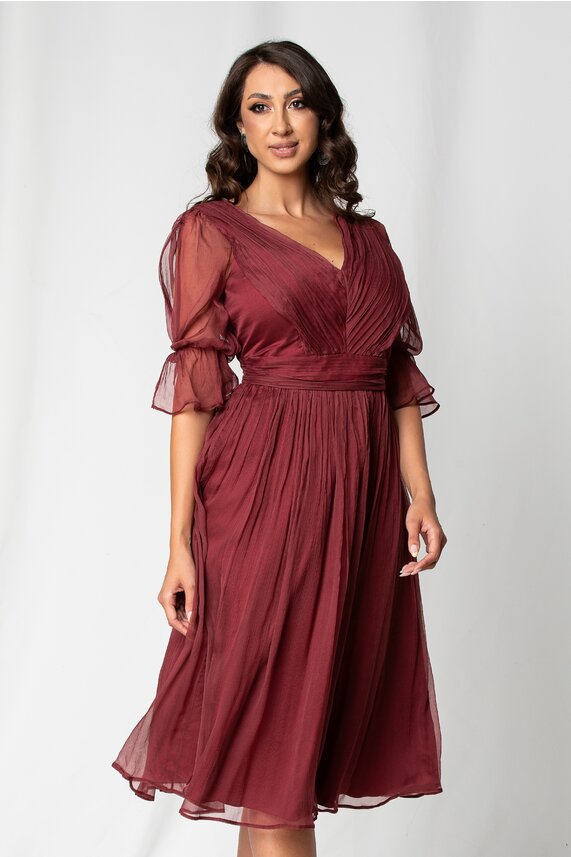 Rochie bordo eleganta cu decolteu in V si maneci trei sferturi evazata   Leonard Collection