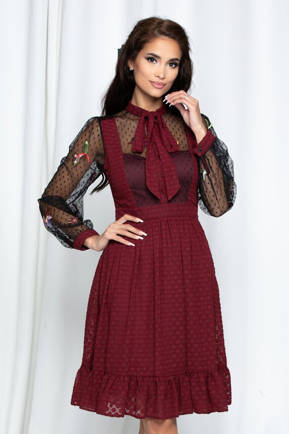 Rochie bordo eleganta cu guler si broderie cu imprimeu florala   Iza