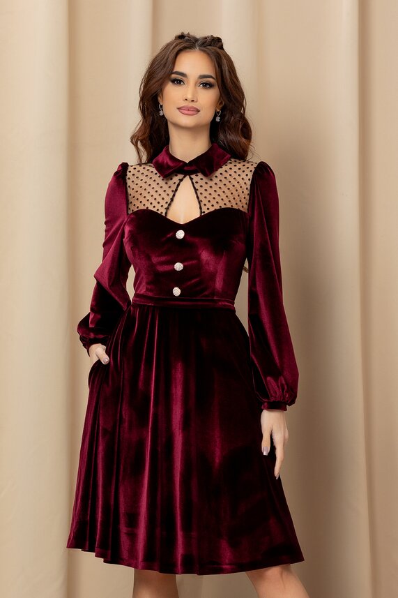 Rochie bordo eleganta din catifea din tull cu decolteu   MBG