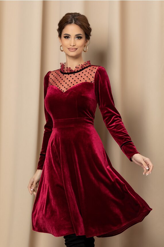 Rochie de seara bordo eleganta din catifea si tull cu decolteu   Moze