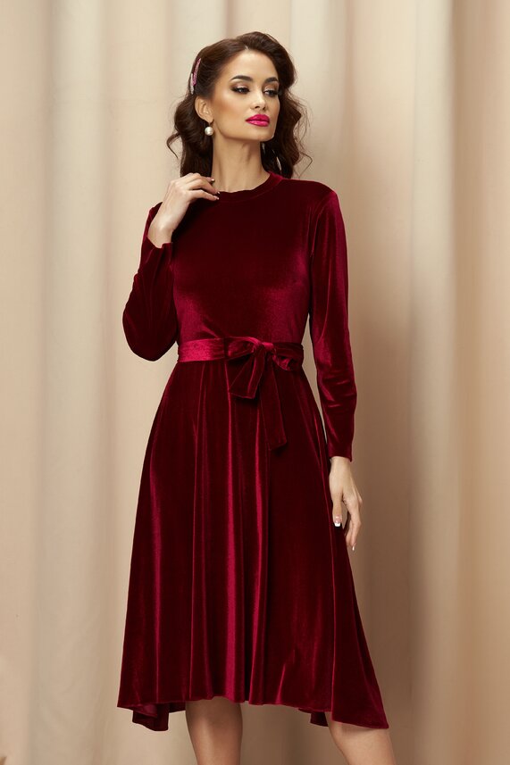 Rochie bordo eleganta din catifea si cordon    Dy Fashion