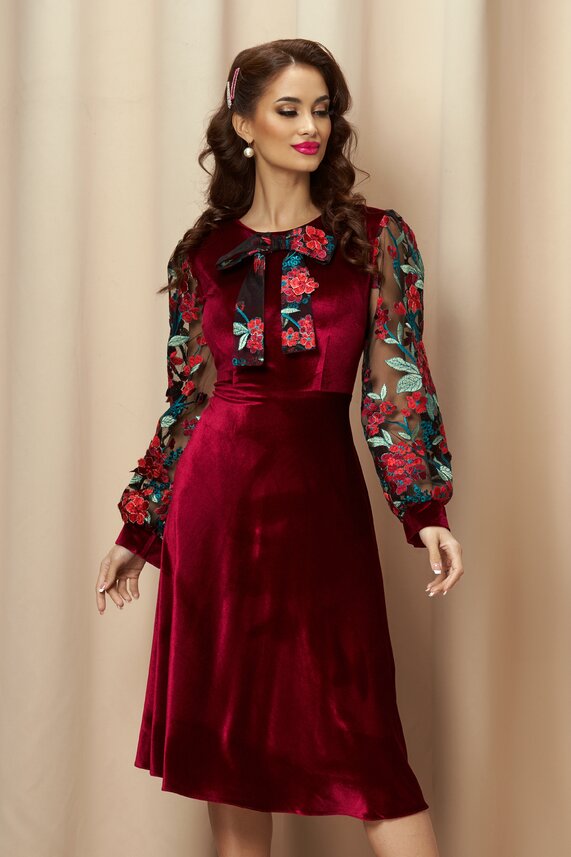 Rochie bordo eleganta din catifea si funda cu maneci din tull cu broderie Dy Fashion