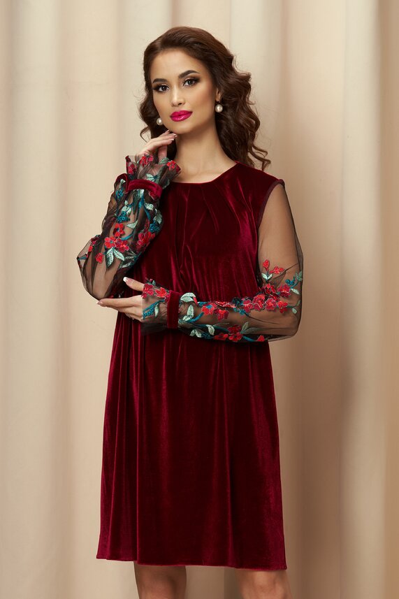 Rochie bordo eleganta din catifea si maneci din tull cu broderie   Dy Fashion