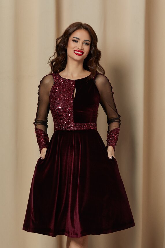 Rochie bordo eleganta din catifea si paiete    MBG