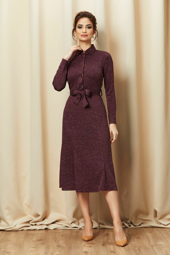 Rochie bordo eleganta din jerse si cordon subtire in talie Dy Fashion