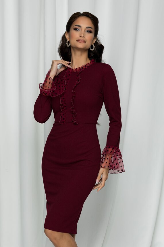 Rochie de nunta bordo eleganta midi cu maneci lungi si croiala conica Moze