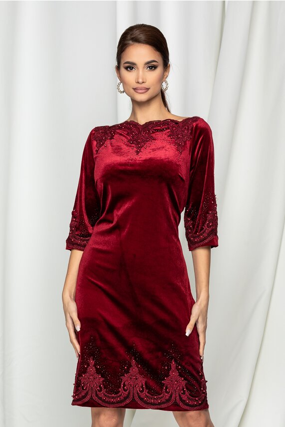 Rochie bordo eleganta midi de ocazie din catifea cu aplicatii cu margele Nadia