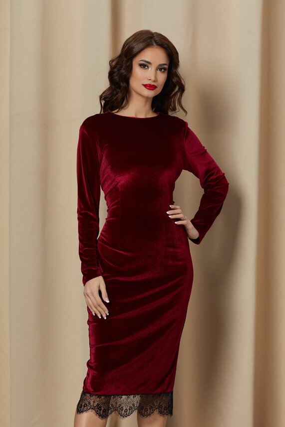 Rochie de catifea bordo eleganta midi accesorizata cu dantela   Dy Fashion