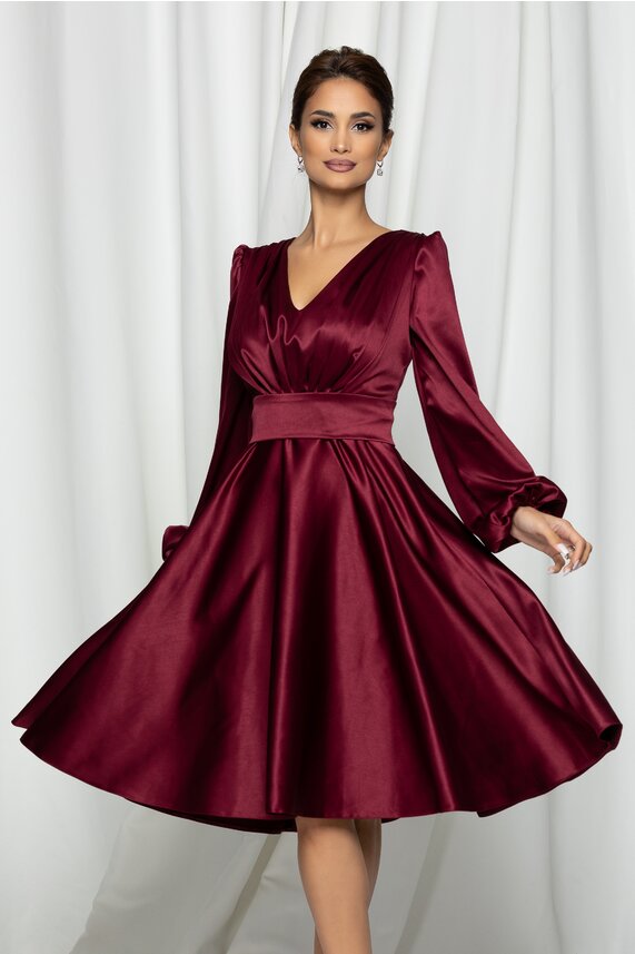 Rochie de ocazie bordo eleganta din satin pana la genunchi     Ella Collection Aria