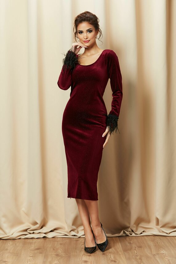 Rochie de catifea bordo eleganta pana la genunchi     LaDonna