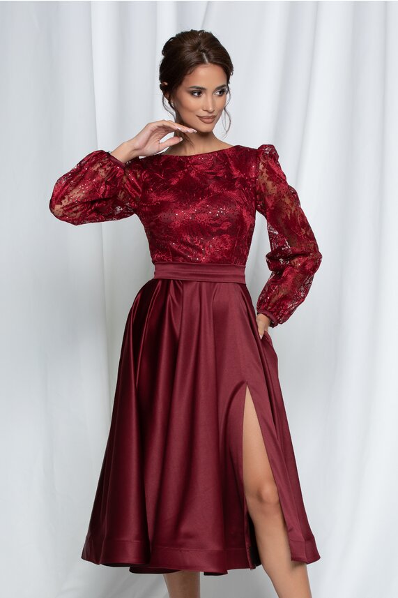 Rochie de seara bordo midi eleganta din dantela din material satinat   MBG