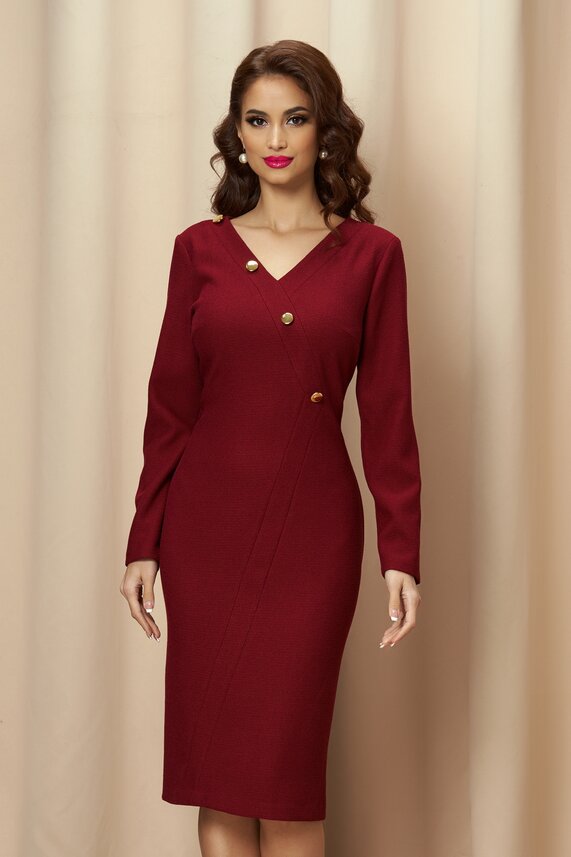 Rochie bordo office cu decolteu in V adanc     Leonard Collection