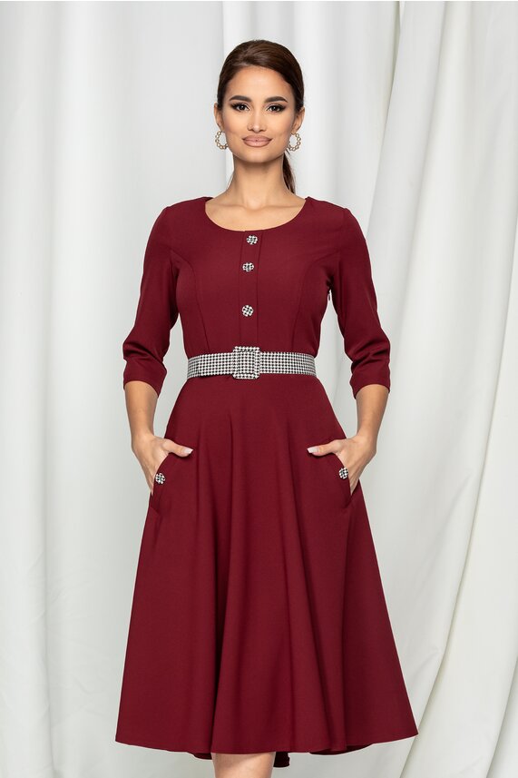 Rochie bordo office cu nasturi si buzunare laterale functionale Simona