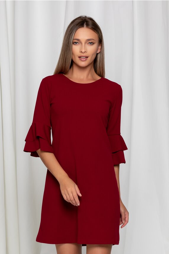 Rochie bordo scurta lejera si maneci trei sferturi accesorizate cu volane  Adina