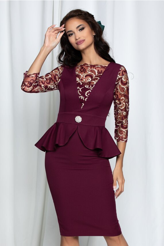 Rochie de seara burgundy eleganta din dantela si peplum    MBG