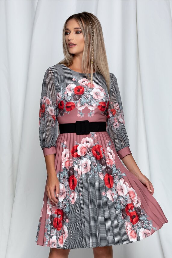 Rochie  de zi cu imprimeu floral si decolteu rotund  Alexa