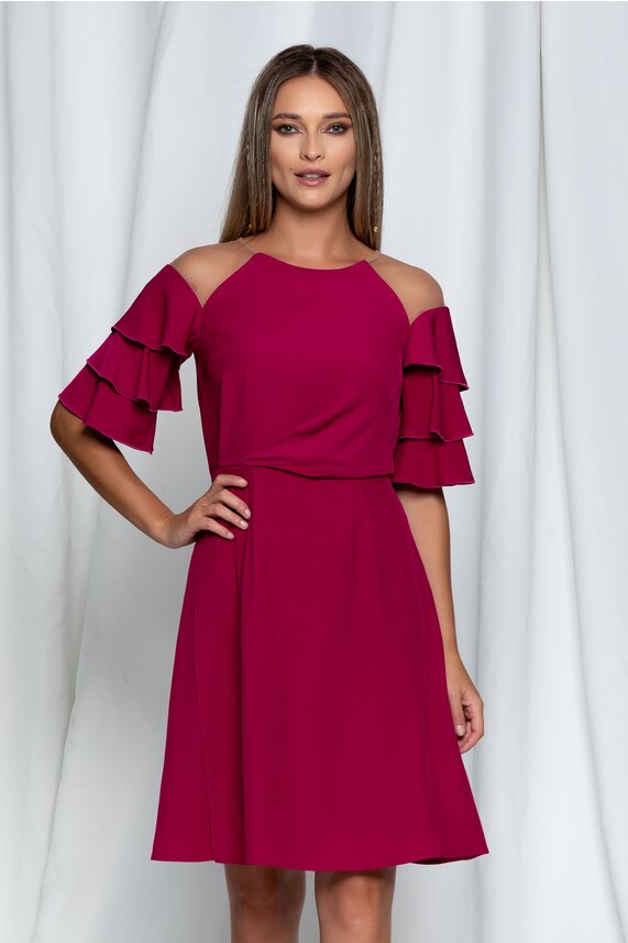 Rochie de nunta fucsia eleganta cu volanase si maneci petrecute Moze