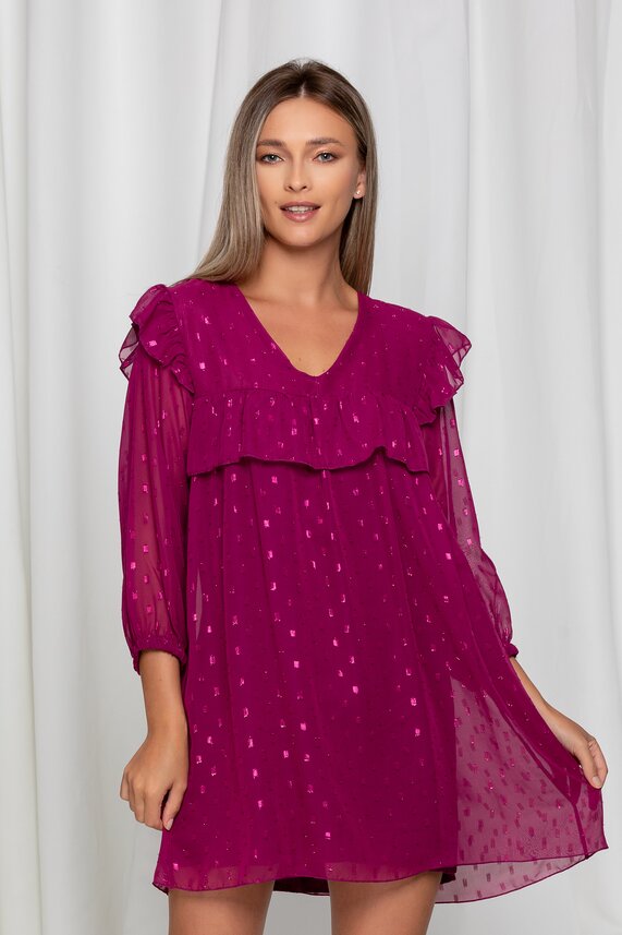 Rochie fucsia eleganta din lurex si volanase    Bella