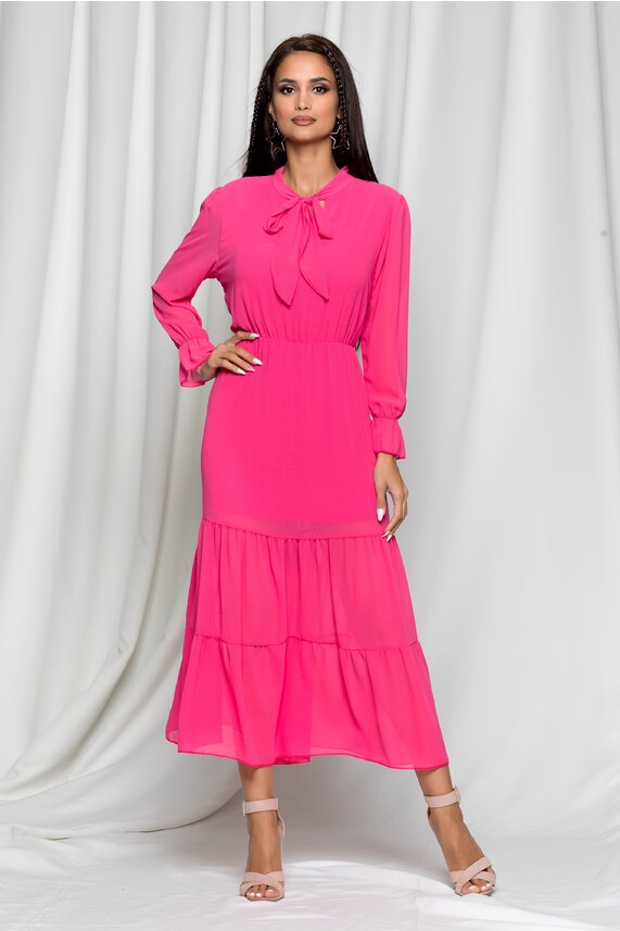 Rochie fucsia de ocazie cu maneca lunga si decolteu accesorizat cu esarfa Teresa