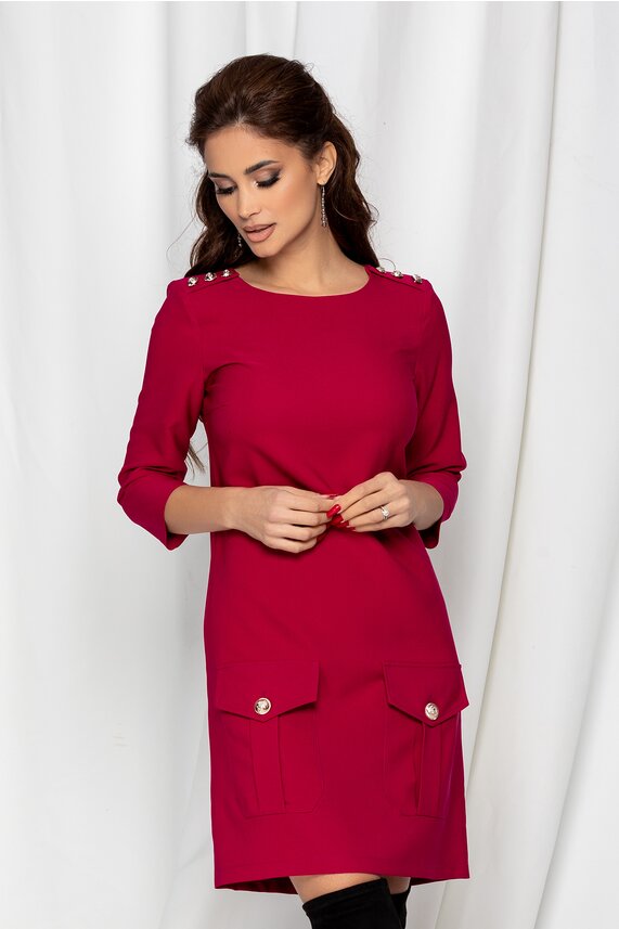 Rochie fucsia office eleganta accesorizata cu nasturi decorativi si buzunare  LaDonna