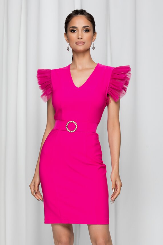 Rochie fucsia scurta cu decolteu in V si maneci scurte din tulle si fermoar ascuns  LaDonna