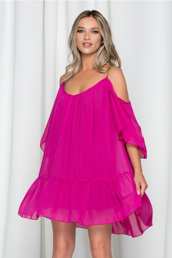 Rochie fucsia vaporoasa cu decolteu in V si umerii goi cu volanas si bretele  Kallisto