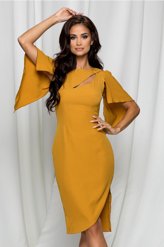 Rochie galben mustar eleganta cu decupaj     Moze