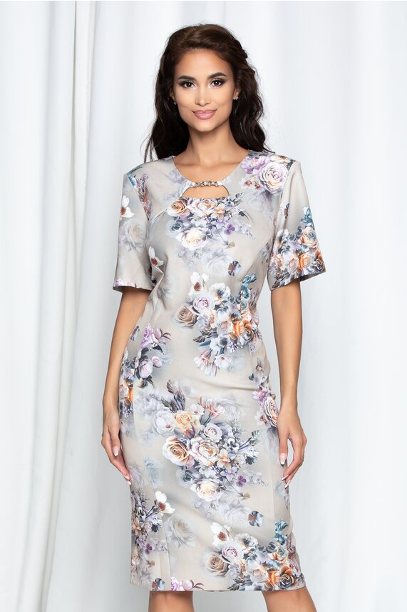 Rochie grej cu imprimeu floral cu guler tip colier     Lucia