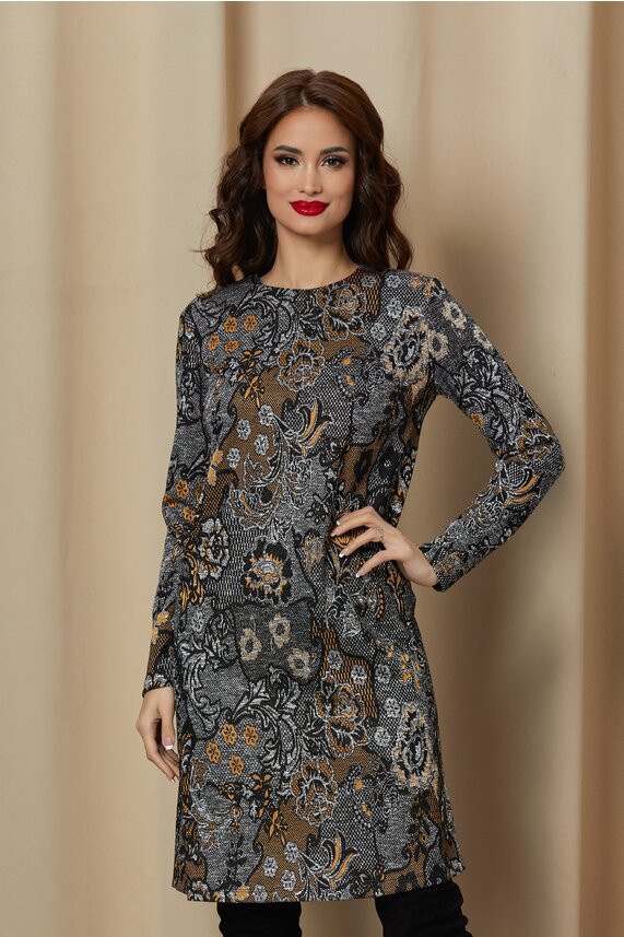 Rochie gri eleganta cu imprimeuri     Dy Fashion