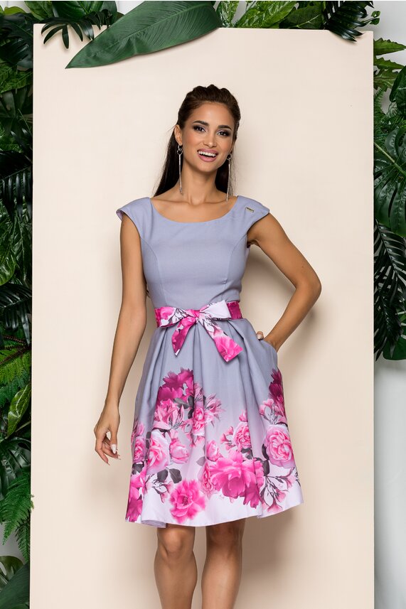 Rochie gri in clos eleganta si imprimeu floral    Raluca