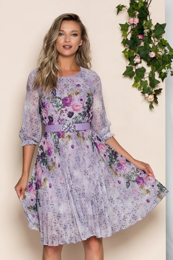 Rochie lila eleganta din voal si imprimeu floral    Georgina