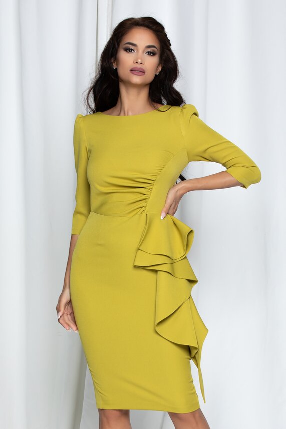 Rochie lime eleganta cu fronseuri si volan maxi   MBG