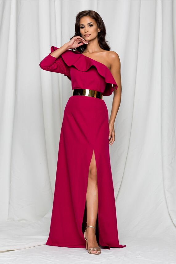 Rochie magenta lunga cu decolteu asimetric si volan asimetric Dy Fashion