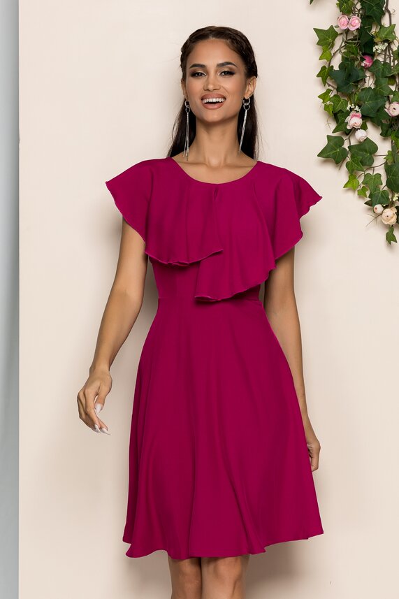 Rochie magenta accesorizata cu volanas si maneci scurte cu decolteu rotund si fermoar  Moze