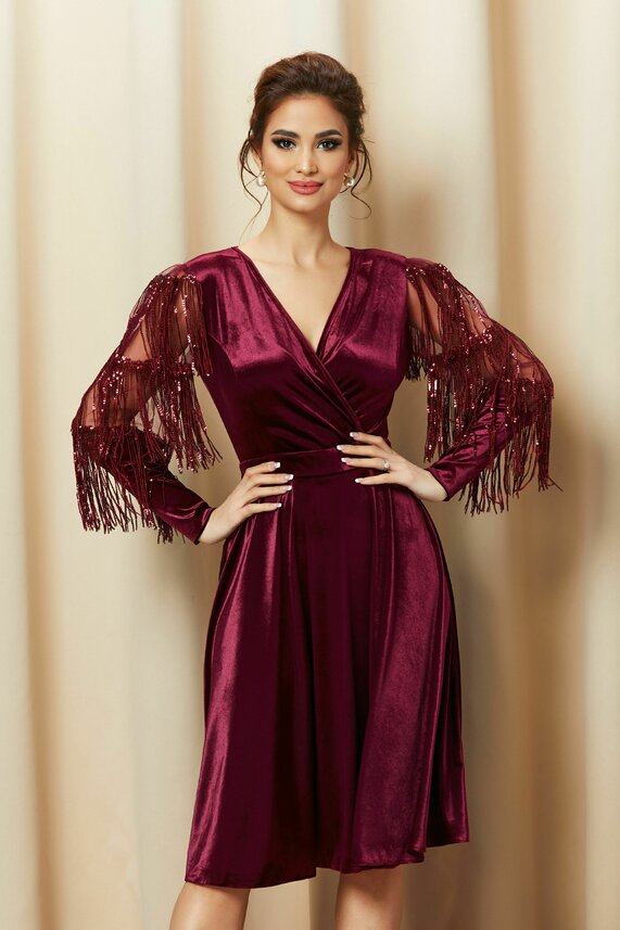 Rochie magenta din catifea cu franjuri si maneci    LaDonna