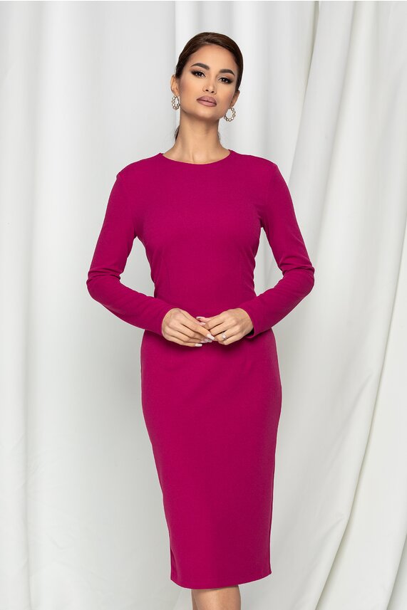 Rochie magenta eleganta mulata cu maneci lungi realizata din material crep Dy Fashion