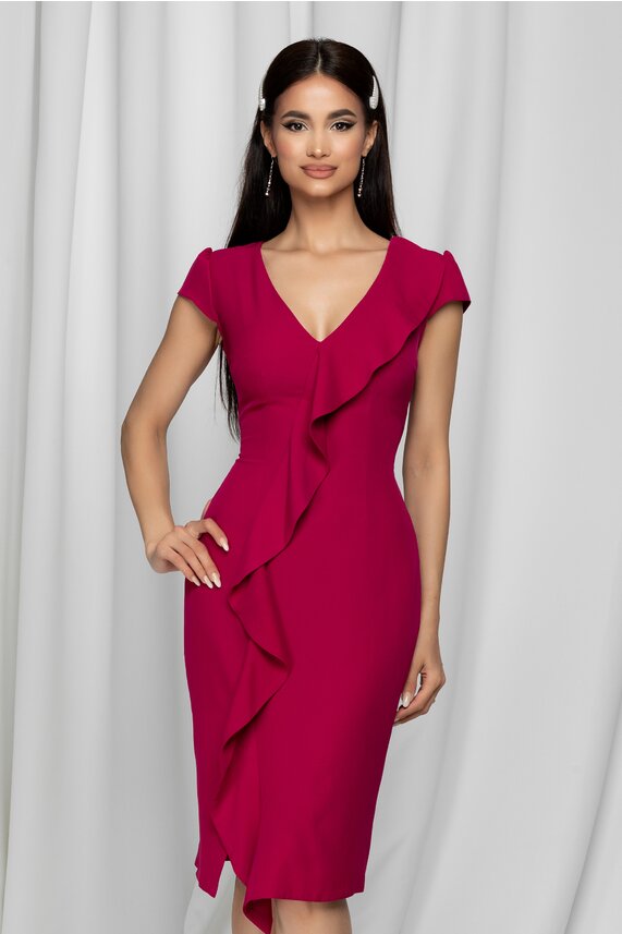 Rochie magenta eleganta cu decolteu in V si maneci scurte cu fermoar ascuns   Moze